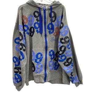 Gino Green Global Hooded Sweatshirt Mens 4XL Gray Hoodie Graphic Print Full Zip